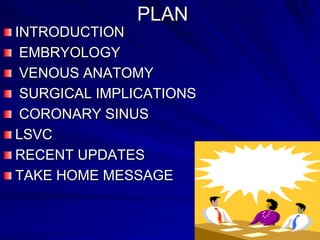 PLAN
INTRODUCTION
EMBRYOLOGY
VENOUS ANATOMY
SURGICAL IMPLICATIONS
CORONARY SINUS
LSVC
RECENT UPDATES
TAKE HOME MESSAGE

 
