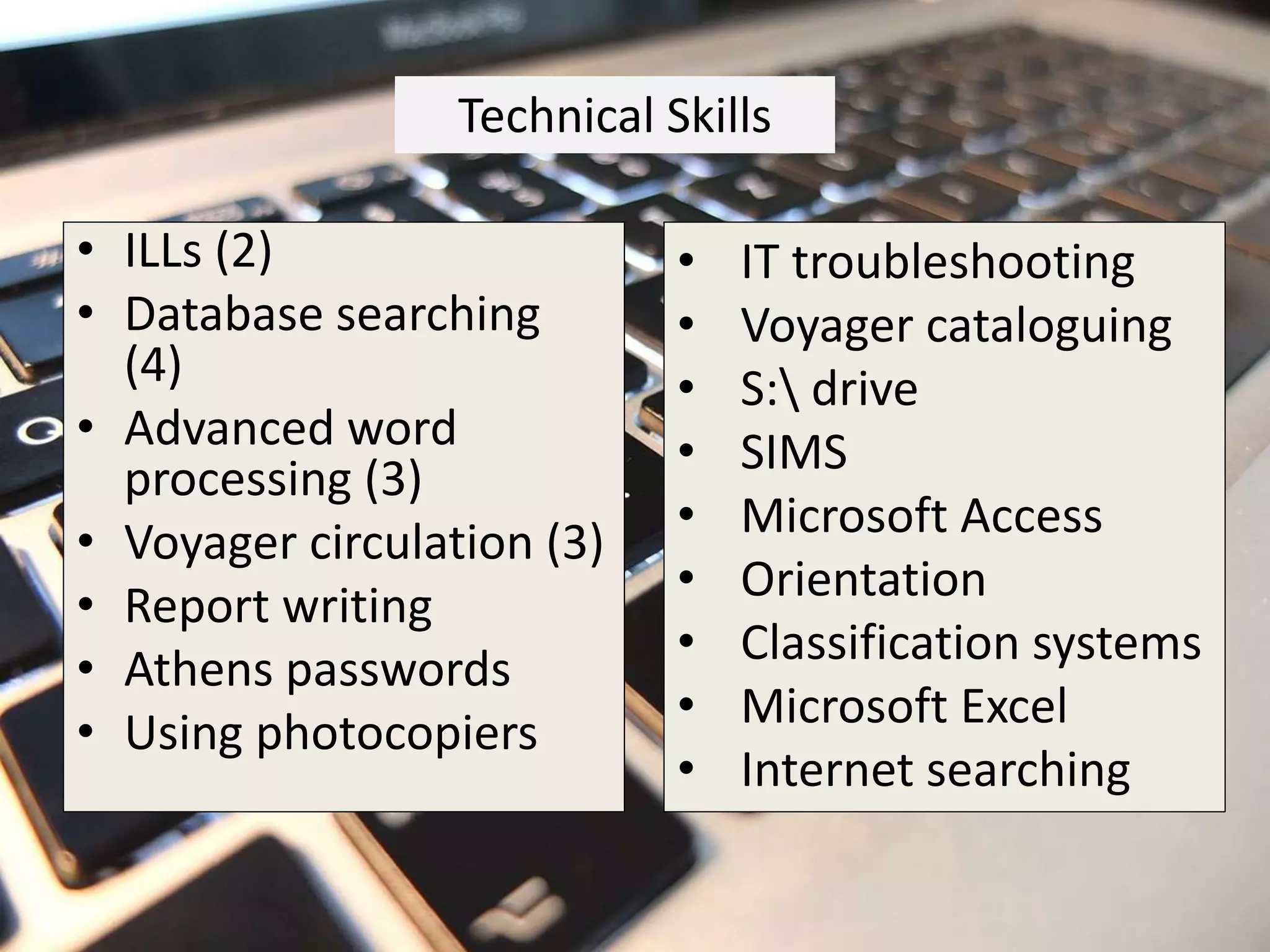 Technical Skills
• ILLs (2)
• Database searching
(4)
• Advanced word
processing (3)
• Voyager circulation (3)
• Report writing
• Athens passwords
• Using photocopiers
• IT troubleshooting
• Voyager cataloguing
• S: drive
• SIMS
• Microsoft Access
• Orientation
• Classification systems
• Microsoft Excel
• Internet searching
 