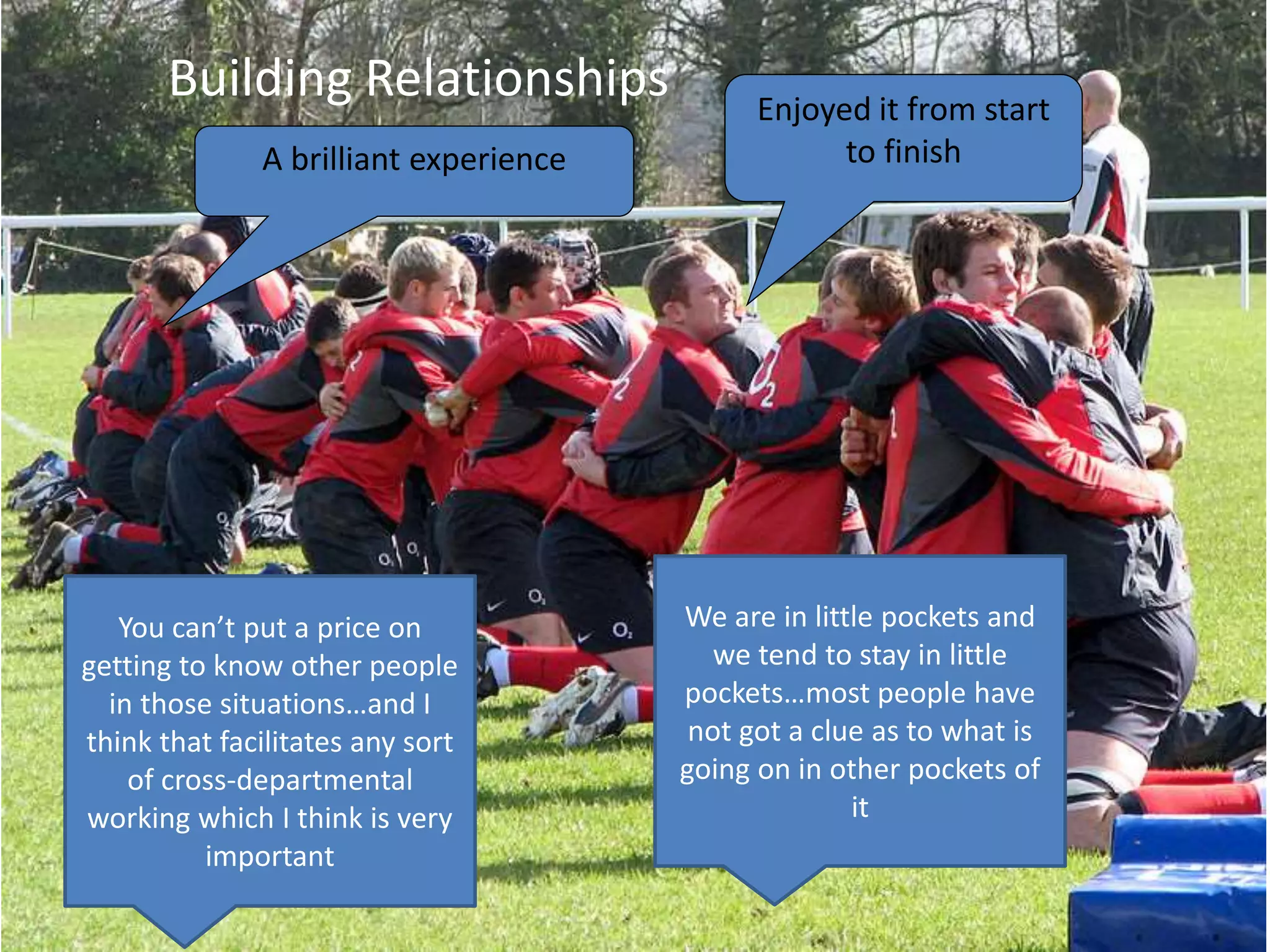 Building Relationships
You can’t put a price on
getting to know other people
in those situations…and I
think that facilitates any sort
of cross-departmental
working which I think is very
important
Enjoyed it from start
to finishA brilliant experience
We are in little pockets and
we tend to stay in little
pockets…most people have
not got a clue as to what is
going on in other pockets of
it
 