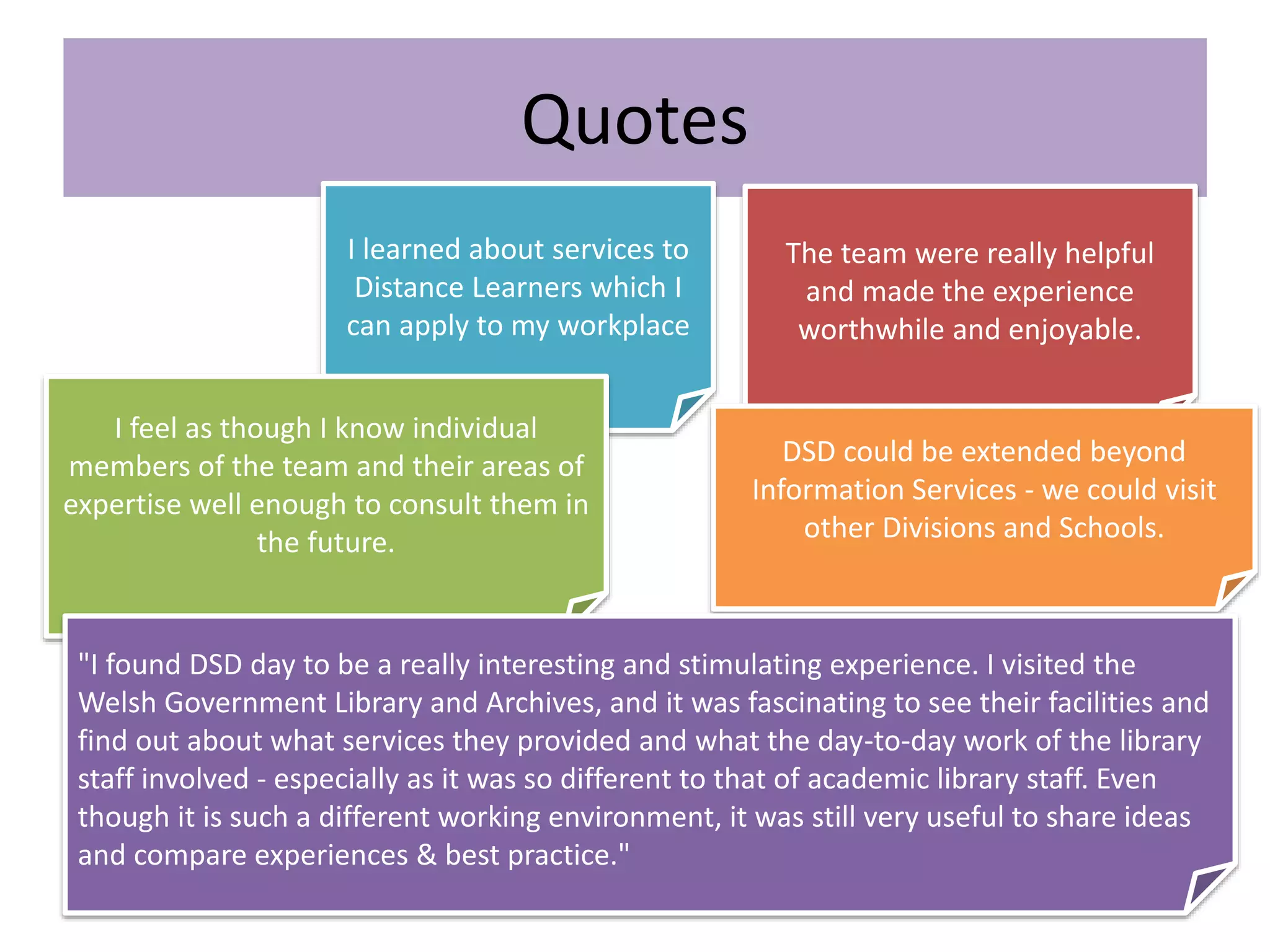 Quotes
I learned about services to
Distance Learners which I
can apply to my workplace
The team were really helpful
and made the experience
worthwhile and enjoyable.
I feel as though I know individual
members of the team and their areas of
expertise well enough to consult them in
the future.
DSD could be extended beyond
Information Services - we could visit
other Divisions and Schools.
"I found DSD day to be a really interesting and stimulating experience. I visited the
Welsh Government Library and Archives, and it was fascinating to see their facilities and
find out about what services they provided and what the day-to-day work of the library
staff involved - especially as it was so different to that of academic library staff. Even
though it is such a different working environment, it was still very useful to share ideas
and compare experiences & best practice."
 