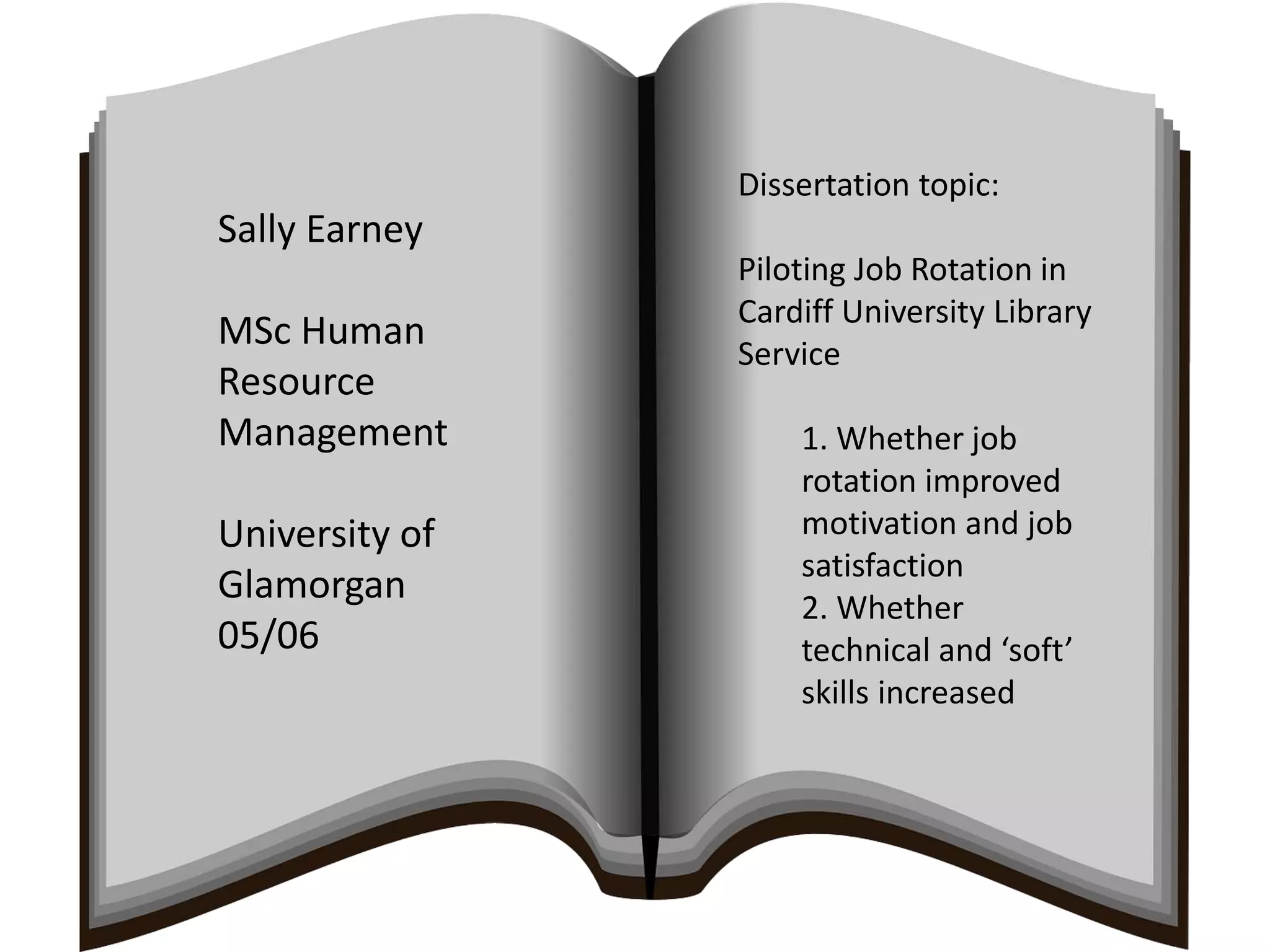 Sally Earney
MSc Human
Resource
Management
University of
Glamorgan
05/06
Dissertation topic:
Piloting Job Rotation in
Cardiff University Library
Service
1. Whether job
rotation improved
motivation and job
satisfaction
2. Whether
technical and ‘soft’
skills increased
 