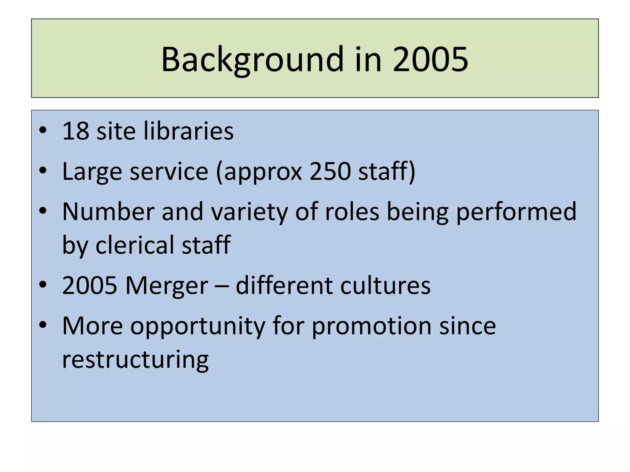 Background in 2005
• 18 site libraries
• Large service (approx 250 staff)
• Number and variety of roles being performed
by clerical staff
• 2005 Merger – different cultures
• More opportunity for promotion since
restructuring
 