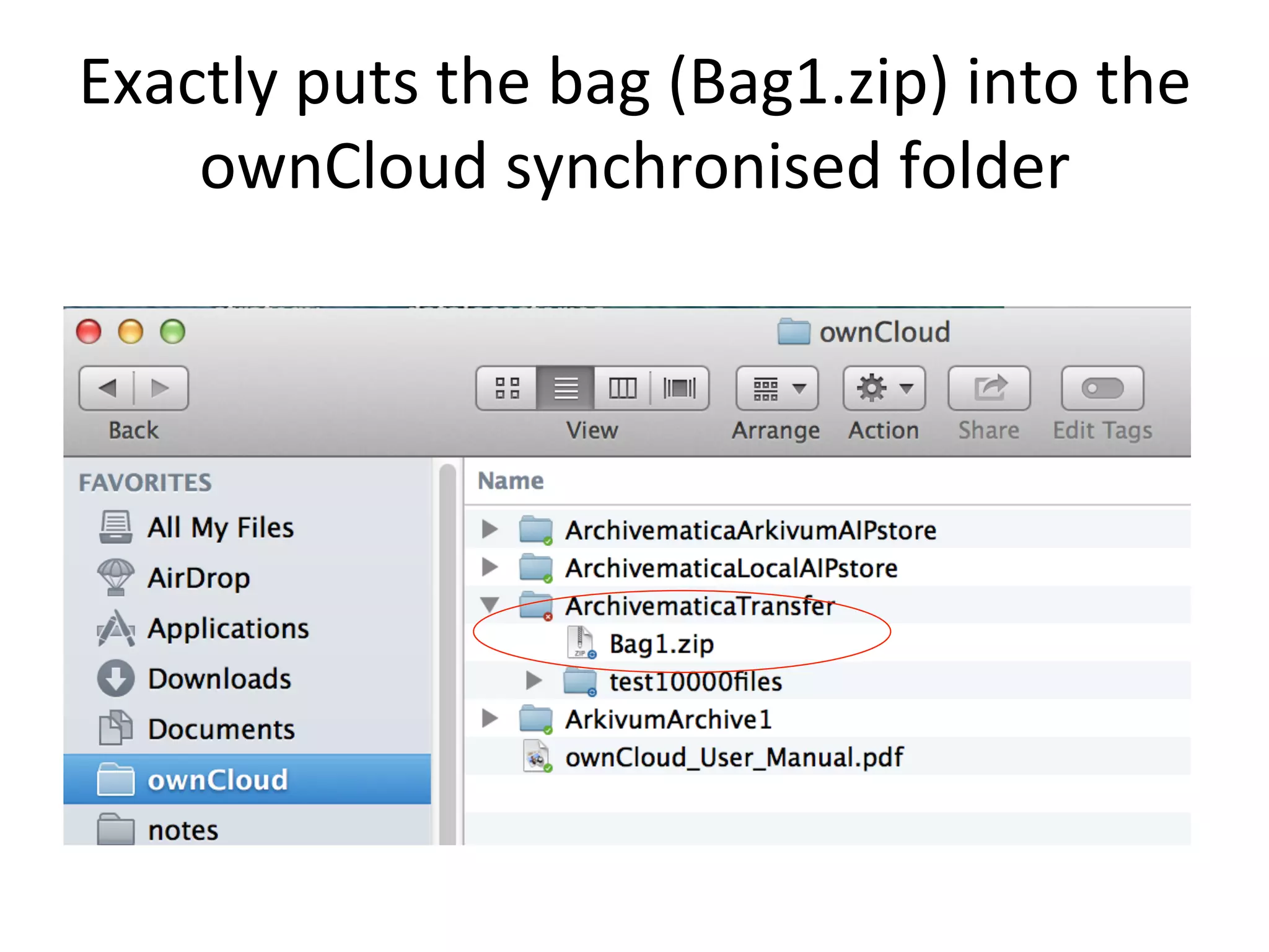 Exactly	puts	the	bag	(Bag1.zip)	into	the	
ownCloud	synchronised	folder	
 