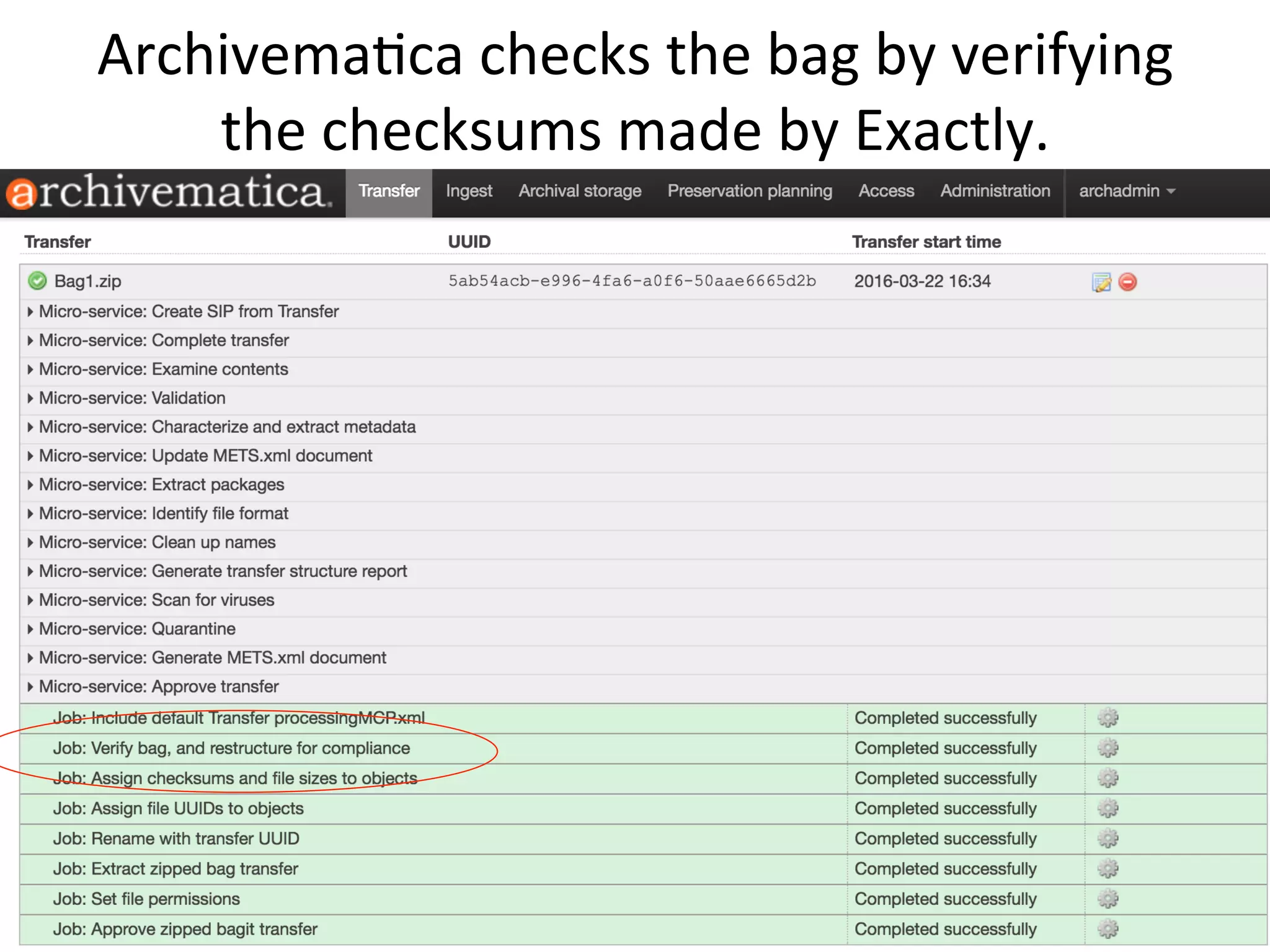 Archivema7ca	checks	the	bag	by	verifying	
the	checksums	made	by	Exactly.					
 