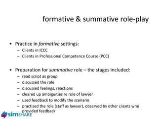 formative & summative role-play Practice in  formative  settings: Clients in ICCC Clients in Professional Competence Course (PCC) Preparation for  summative  role – the stages included: read script as group discussed the role discussed feelings, reactions  cleared up ambiguities re role of lawyer used feedback to modify the scenario practised the role (staff as lawyer), observed by other clients who provided feedback phase two 
