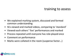 training to assess We explained marking system, discussed and formed common understanding SCs viewed and marked videos, comparing to ‘standard’ Viewed each others’ ‘live’ performances and marked Process repeated until everyone has role-played once Comment on performance Marks were collated in the room (suspense factor…) phase two 