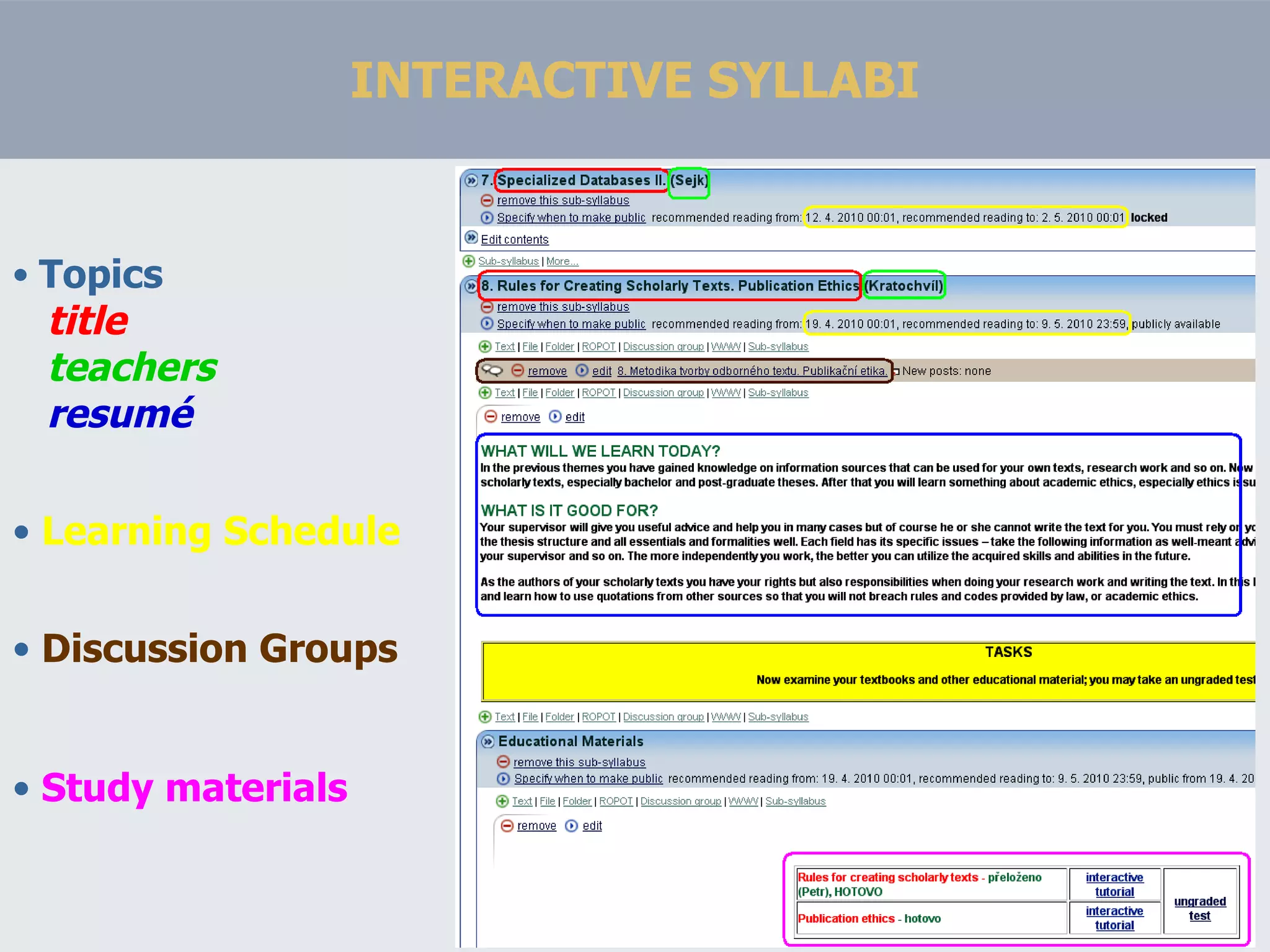 INTERACTIVE SYLLABI Topics   title   teachers   resumé   Learning Schedule Discussion Groups Study materials 