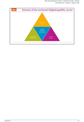 27/07/2015 14
Title of presentation (Insert > Header & Footer > Notes
and Handouts > Header > Apply to all)
 
