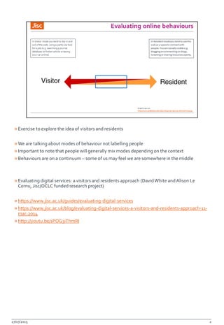 »Exercise to explore the idea of visitors and residents
»We are talking about modes of behaviour not labelling people
»Important to note that people will generally mix modes depending on the context
»Behaviours are on a continuum – some of us may feel we are somewhere in the middle
»Evaluating digital services: a visitors and residents approach (DavidWhite andAlison Le
Cornu, Jisc/OCLC funded research project)
»https://www.jisc.ac.uk/guides/evaluating-digital-services
»https://www.jisc.ac.uk/blog/evaluating-digital-services-a-visitors-and-residents-approach-11-
mar-2014
»http://youtu.be/sPOG3iThmRI
27/07/2015 2
 