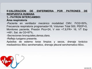 II-VALORACION DE ENFERMERIA POR PATRONES DE
RESPUESTA HUMANA
1.- PATRON INTERCAMBIO:
Área respiratoria
-Paciente en ventilador mecánico modalidad CMV, FiO2=50%,
Frecuencia respiratoria programada=16, Volumen Tidal 500, PEEP=5,
Monitoreo paciente, Presión Pico=24, V min =7,8,FR= 16, VT Esp
=481, Sat. de O2=97%,
-Secreciones bronquiales,densa,clara.
-Reflejo tusigeno presente.
Apósitos de esterno torax limpios y secos, drenaje torácico
mediastinico 80cc serohematico, drenaje pleural serohematico 60cc.
 