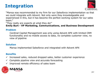 Integration
Problem
Cardinal Capital Management was only using Advent APX with limited CRM
functionality and no mobile access to data, no complete customer view, no
view of pipeline
Solution
Mansa implemented Salesforce and integrated with Advent APX
Benefits
 Increased sales, reduced dropped sales, better customer experience
 Complete pipeline view and accurate forecasting
 Improved remote efficiency of sales team
297
“Mansa was recommended to my firm for our Salesforce implementation so that
we could integrate with Advent. Not only were they knowledgeable and
experienced in this, but it has become the perfect working system for our sales
team.”
“They really are experts at what they do!”
Emily Burt - VP Marketing, Communications, and Business Development
 