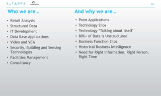 10


Who we are…                        And why we are…
• Retail Analysis                  •   Point Applications
• Structured Data                  •   Technology Silos
• IT Development                   •   Technology „Talking about itself‟
• Data Base Applications           •   80%+ of Data is Unstructured
• Video and VCA                    •   Business Function Silos
• Security, Building and Sensing   •   Historical Business Intelligence
  Technologies                     •   Need for Right Information, Right Person,
• Facilities Management                Right Time
• Consultancy
 