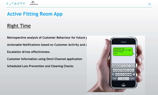 35



Active Fitting Room App

Right Time

Retrospective analysis of Customer Behaviour for future planning

Actionable Notifications based on Customer Activity and associated store data

Escalation drives effectiveness

Customer Information using Omni-Channel application

Scheduled Loss Prevention and Cleaning Checks
 