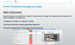 44



Profit Protection Management Apps

Right Information
Security Systems are Installed for a Specific Purpose and any change can Compromise that Purpose and
affect Compliance, Insurance etc.

Configuration Changes are, Typically, Invisible

Contextual Information enables Appropriate Responses

Transactional Data Analysis in Real Time and Retrospectively
 