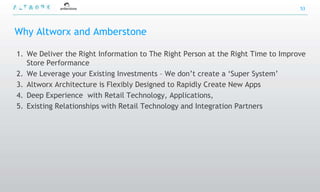 53




Why Altworx and Amberstone

1. We Deliver the Right Information to The Right Person at the Right Time to Improve
   Store Performance
2. We Leverage your Existing Investments – We don‟t create a „Super System‟
3. Altworx Architecture is Flexibly Designed to Rapidly Create New Apps
4. Deep Experience with Retail Technology, Applications,
5. Existing Relationships with Retail Technology and Integration Partners
 