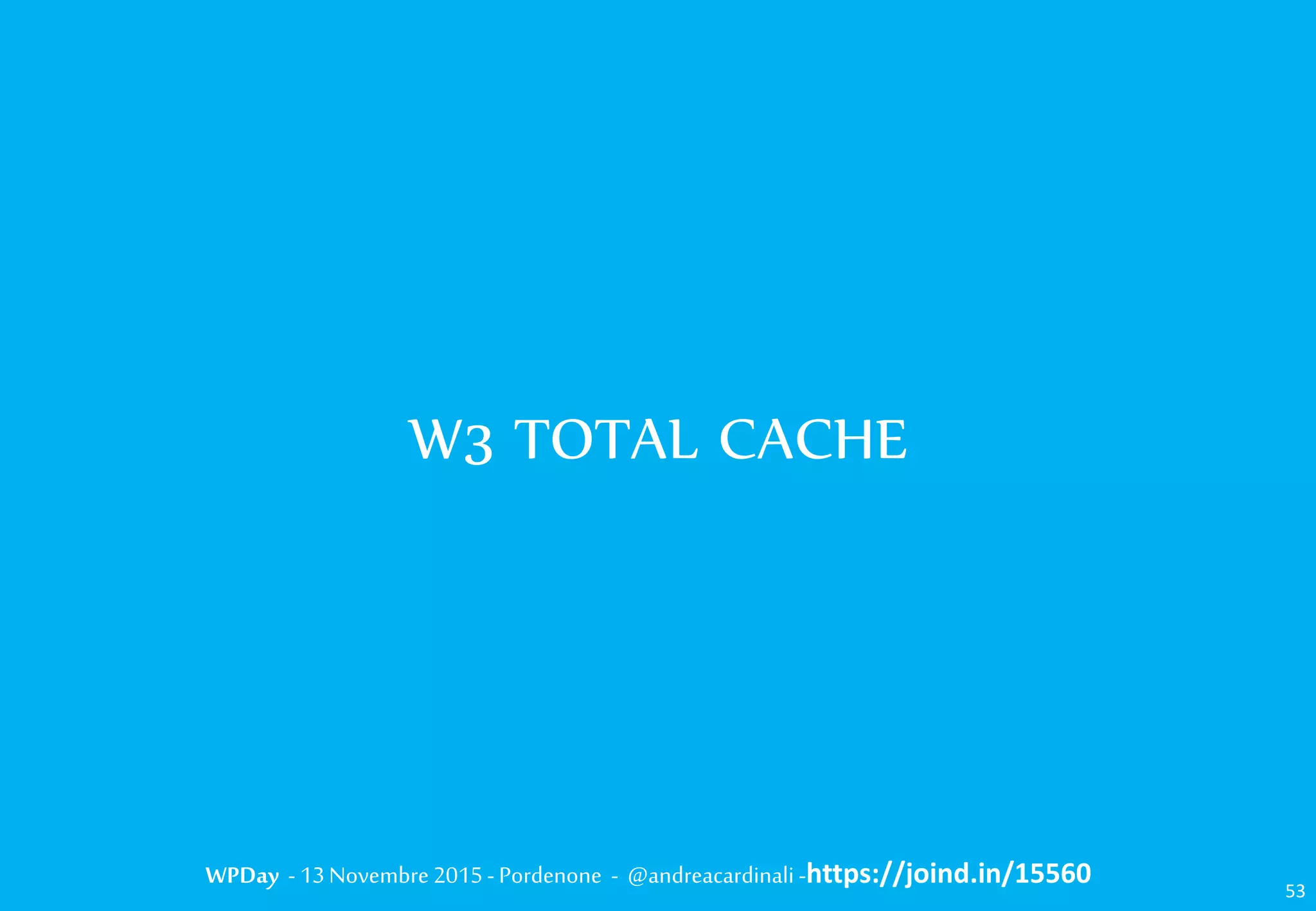 WPDay - 13 Novembre 2015 - Pordenone - @andreacardinali -https://joind.in/15560
W3 TOTAL CACHE
53
 