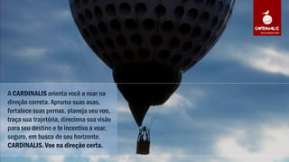 §  Desenvolvimento (ou avaliação) de Business Plan;
§  Desenvolvimento de Missão, Visão e Valores, bem como o desdobramento dos mesmos em Pilares do Negócio, Objetivos Mensuráveis
(com prazos e metas tangíveis) numa linha de tempo estratégica e em Planos de Ação;
§  Desenvolvimento (ou avaliação) do Planejamento Financeiro do Projeto em questão;
§  Desenvolvimento (ou avaliação) do Modelo de Gestão de Performance de colaboradores da Equipe de Vendas/ Atendimento;
§  Treinamento de Equipe de Vendas/ Atendimento com foco em incremento de Vendas e Resultados;
§  Gestão e acompanhamento de Canais de Vendas e Rede de Franqueados*;
§  Desenvolvimento (ou avaliação) do Modelo de Gestão de Performance de Franqueados*;
§  Treinamento de Franqueados* com foco em incremento de Vendas e Resultados;
§  Realização de Consultoria em Gestão e Prevenção de Perdas – Serviço de Inventários;
§  Desenvolvimento (ou avaliação) de plano estratégico de objetivos para empresas;
§  Desenvolvimento (ou avaliação) de Estratégia, Tática e Operação de ferramentas de Trade Marketing para alinhamento e aumento de
performance de Rede;
§  Desenvolvimento (ou avaliação) de Plano de Marketing;
§  Desenvolvimento (ou avaliação) de Plano de Comunicação;
§  Desenvolvimento (ou avaliação) de Projeto de Branding;
§  Desenvolvimento (ou avaliação) de Canal de Comercialização da Franquia;
§  Desenvolvimento de Análise de Geomarketing com o propósito de traçar plano de expansão e ocupação de Mercado;
* Ou Afiliados, Licenciados, Distribuidores, Representantes, Equipe/Rede Própria, etc.
PORTIFÓLIO DE SOLUÇÕES
Cardinalis Consultoria LTDA. ● Todos os Direitos Reservados. ● www.cardinalis.com.br ● www.facebook.com/ConsultoriaCardinalis
 