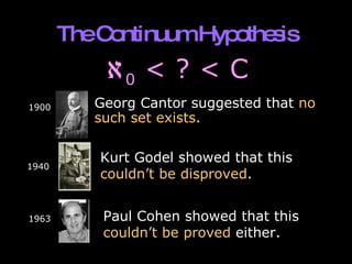 The Continuum Hypothesis  0  < ? < C l Georg Cantor suggested that  no such set exists . Kurt Godel showed that this  couldn’t be disproved . Paul Cohen showed that this  couldn’t be proved  either. 1900 1940 1963 