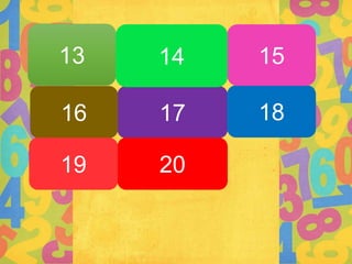 Thirteen Fourteen
Sixteen
Fifteen
Seventeen Eighteen
Nineteen Twenty
13
1716
2019
18
1514