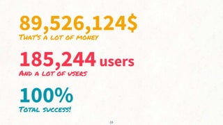 89,526,124$
That’s a lot of money
100%
Total success!
185,244users
And a lot of users
17
 