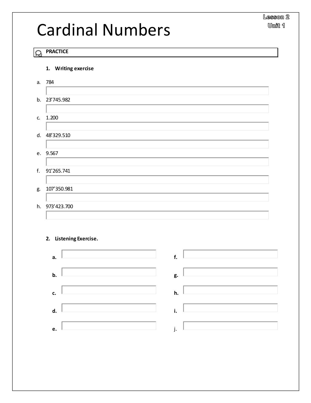 Cardinal numbers worksheet
