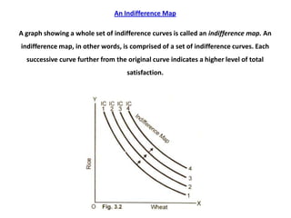 An Indifference Map

A graph showing a whole set of indifference curves is called an indifference map. An
indifference map, in other words, is comprised of a set of indifference curves. Each
  successive curve further from the original curve indicates a higher level of total
                                    satisfaction.
 