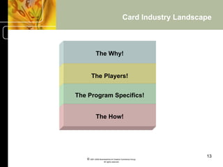 Card Industry Landscape



           The Why!


       The Players!


The Program Specifics!


           The How!




                                                                13
   © 2001-2004 BusinessHive & Creative Commerce Group.
                    All rights reserved.
 