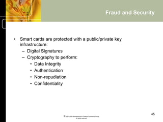 Fraud and Security



•  Smart cards are protected with a public/private key
   infrastructure:
    –  Digital Signatures
    –  Cryptography to perform:
         •  Data Integrity
         •  Authentication
         •  Non-repudiation
         •  Confidentiality




                                                                                              45
                        © 2001-2004 BusinessHive & Creative Commerce Group.
                                         All rights reserved.
 