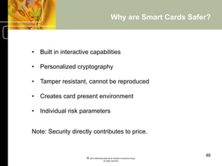 Why are Smart Cards Safer?



•  Built in interactive capabilities

•  Personalized cryptography

•  Tamper resistant, cannot be reproduced

•  Creates card present environment

•  Individual risk parameters


Note: Security directly contributes to price.


                                                                            46
                      © 2001-2004 BusinessHive & Creative Commerce Group.
                                       All rights reserved.
 
