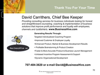 Thank You For Your Time

David Carrithers, Chief Bee Keeper
Providing consulting services for business individuals looking for honest
and straightforward counseling, coaching & implementation of business
solutions that improve profit performance and loyalty with employees,
channels and customers. www.BusinessHive.com
	

         Generating Results Through:
            Targeted Individualized Coaching Program
            • Improved Customer & Employee Loyalty
            • Enhanced Product, Market & Business Development Results
            •  Profitable Brainstorming & Product Creation
            • Faster & More Accurate Product & Business Launch Management
            • Unbiased Incentive Program Assessment & Support
            • Dynamic Organizational Development


      707-484-3620 or e-mail David@BusinessHive.com
                                                                              70
                 © 2001-2004 BusinessHive & Creative Commerce Group.
                                  All rights reserved.
 