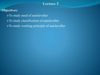 Objectives:
To study need of autoleveller
To study classification of autoleveller
To study working principle of autoleveller
 