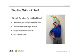 Dispelling Myths with Truth
April 28, 2016
62
• Stretch Exercises Do Not Feel Good
Stretching Naturally Uncomfortable
Sensations Help Gauge Stretch
Proper Stretches Necessary
The Stretch ‘Test”
British Consulate , Chicago IL
 