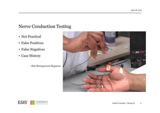 Nerve Conduction Testing
April 28, 2016
71British Consulate , Chicago IL
• Not Practical
• False Positives
• False Negatives
• Case History
- Risk Management Magazine
 