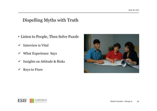 Dispelling Myths with Truth
April 28, 2016
58
• Listen to People, Then Solve Puzzle
Interview is Vital
What Experience Says
Insights on Attitude & Risks
Keys to Fixes
British Consulate , Chicago IL
 