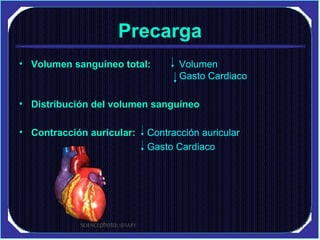 Precarga <ul><li>Volumen sanguíneo total:   Volumen  Gasto Cardiaco </li></ul><ul><li>Distribución del volumen sanguíneo <...