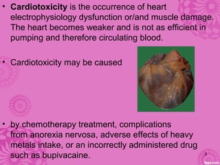 • Cardiotoxicity is the occurrence of heart 
electrophysiology dysfunction or/and muscle damage. 
The heart becomes weaker and is not as efficient in 
pumping and therefore circulating blood.
 
• Cardiotoxicity may be caused 
• by chemotherapy treatment, complications 
from anorexia nervosa, adverse effects of heavy 
metals intake, or an incorrectly administered drug 
such as bupivacaine. 3
 