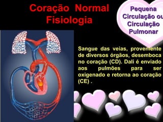 Coração Normal             Pequena
                        Circulação ou
   Fisiologia            Circulação
                          Pulmonar

        Sangue das veias, proveniente
        de diversos órgãos, desemboca
        no coração (CD). Dali é enviado
        aos     pulmões     para    ser
        oxigenado e retorna ao coração
        (CE) .
 