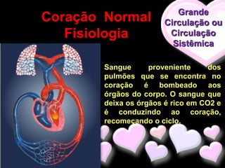 Grande
Coração Normal         Circulação ou
   Fisiologia           Circulação
                         Sistêmica

        Sangue      proveniente     dos
        pulmões que se encontra no
        coração é bombeado aos
        órgãos do corpo. O sangue que
        deixa os órgãos é rico em CO2 e
        é conduzindo ao coração,
        recomeçando o ciclo.
 