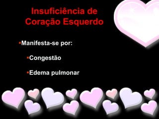 Insuficiência de
  Coração Esquerdo

Manifesta-se por:

  Congestão

  Edema pulmonar
 