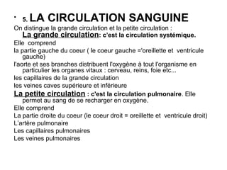 • 5.  LA CIRCULATION SANGUINE
On distingue la grande circulation et la petite circulation :
    La grande circulation: c’est la circulation systémique.
Elle comprend
la partie gauche du coeur ( le coeur gauche ='oreillette et ventricule
    gauche)
l'aorte et ses branches distribuent l'oxygène à tout l'organisme en
    particulier les organes vitaux : cerveau, reins, foie etc...
les capillaires de la grande circulation
les veines caves supérieure et inférieure
La petite circulation : c'est la circulation pulmonaire. Elle
    permet au sang de se recharger en oxygène.
Elle comprend
La partie droite du coeur (le coeur droit = oreillette et ventricule droit)
L’artère pulmonaire
Les capillaires pulmonaires
Les veines pulmonaires
 