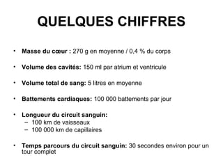 QUELQUES CHIFFRES
•   Masse du cœur : 270 g en moyenne / 0,4 % du corps

•   Volume des cavités: 150 ml par atrium et ventricule

•   Volume total de sang: 5 litres en moyenne

•   Battements cardiaques: 100 000 battements par jour

•   Longueur du circuit sanguin:
     – 100 km de vaisseaux
     – 100 000 km de capillaires

•   Temps parcours du circuit sanguin: 30 secondes environ pour un
    tour complet
 