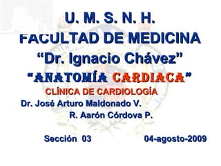 U. M. S. N. H. FACULTAD DE MEDICINA “ Dr. Ignacio Chávez” “ anatomía  cardiaca ” CLÍNICA DE CARDIOLOGÍA   Dr. José Arturo Maldonado V.  R. Aarón Córdova P. Sección  03  04-agosto-2009 