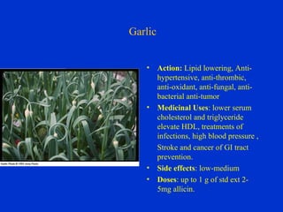 Garlic


   •     Action: Lipid lowering, Anti-
         hypertensive, anti-thrombic,
         anti-oxidant, anti-fungal, anti-
         bacterial anti-tumor
   •     Medicinal Uses: lower serum
         cholesterol and triglyceride
         elevate HDL, treatments of
         infections, high blood pressure ,
         Stroke and cancer of GI tract
         prevention.
   •     Side effects: low-medium
   •     Doses: up to 1 g of std ext 2-
         5mg allicin.
 