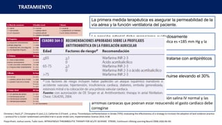 TRATAMIENTO
La primera medida terapéutica es asegurar la permeabilidad de la
vía aérea y la función ventilatoria del paciente.
La presión arterial debe manejarse cuidadosamente
durante la fase aguda presión arterial sistólica es <185 mm Hg y la
presión arterial diastólica es <110 mm Hg
La hipertermia y la hiperglucemia deben tratarse con antipiréticos
e insulina.
La hipertensión intracraneal puede disminuirse elevando el 30%
la cabecera
de la cama.
La hipovolemia debe ser corregido con solución salina IV normal y las
arritmias cardíacas que podrían estar reduciendo el gasto cardiaco debe
corregirse
Christine L Paul1,2*, Christopher R Levi1,2,3, Catherine A D’Este4 , y otros; Thrombolysis ImPlementation in Stroke (TIPS): evaluating the effectiveness of a strategy to increase the adoption of best evidence practice
– protocol for a cluster randomised controlled trial in acute stroke care, Implementation Science 2014, 9:38
Pooja Khatri, Joshua Levine, Tudor Jovin, INTRAVENOUS THROMBOLYTIC THERAPY FOR ACUTE ISCHEMIC STROKE, Continuum Lifelong Learning Neurol 2008;14(6):46–60.
 