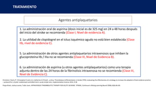 TRATAMIENTO
Agentes antiplaquetarios
1. La administración oral de aspirina (dosis inicial es de 325 mg) en 24 a 48 horas después
del inicio del stroke se recomienda (Clase I; Nivel de evidencia A).
2. La utilidad de clopidogrel en el ictus isquémico agudo no está bien establecida (Clase
IIb, nivel de evidencia C).
5. La administración de otros agentes antiplaquetarios intravenosos que inhiben la
glucoproteína IIb / IIIa no se recomienda (Clase III, Nivel de Evidencia B).
6. La administración de aspirina (u otros agentes antiplaquetarios) como una terapia
adjunta dentro de las 24 horas de la fibrinolisis intravenosa no se recomienda (Clase III,
Nivel de Evidencia C).
Christine L Paul1,2*, Christopher R Levi1,2,3, Catherine A D’Este4 , y otros; Thrombolysis ImPlementation in Stroke (TIPS): evaluating the effectiveness of a strategy to increase the adoption of best evidence practice
– protocol for a cluster randomised controlled trial in acute stroke care, Implementation Science 2014, 9:38
Pooja Khatri, Joshua Levine, Tudor Jovin, INTRAVENOUS THROMBOLYTIC THERAPY FOR ACUTE ISCHEMIC STROKE, Continuum Lifelong Learning Neurol 2008;14(6):46–60.
 
