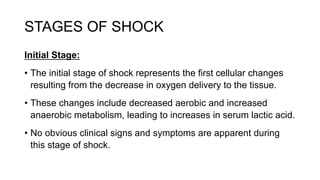STAGES OF SHOCK
Initial Stage:
• The initial stage of shock represents the first cellular changes
resulting from the decrease in oxygen delivery to the tissue.
• These changes include decreased aerobic and increased
anaerobic metabolism, leading to increases in serum lactic acid.
• No obvious clinical signs and symptoms are apparent during
this stage of shock.
 