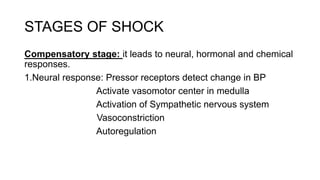STAGES OF SHOCK
Compensatory stage: it leads to neural, hormonal and chemical
responses.
1.Neural response: Pressor receptors detect change in BP
Activate vasomotor center in medulla
Activation of Sympathetic nervous system
Vasoconstriction
Autoregulation
 