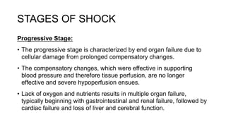 STAGES OF SHOCK
Progressive Stage:
• The progressive stage is characterized by end organ failure due to
cellular damage from prolonged compensatory changes.
• The compensatory changes, which were effective in supporting
blood pressure and therefore tissue perfusion, are no longer
effective and severe hypoperfusion ensues.
• Lack of oxygen and nutrients results in multiple organ failure,
typically beginning with gastrointestinal and renal failure, followed by
cardiac failure and loss of liver and cerebral function.
 