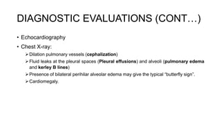 DIAGNOSTIC EVALUATIONS (CONT…)
• Echocardiography
• Chest X-ray:
Dilation pulmonary vessels (cephalization)
Fluid leaks at the pleural spaces (Pleural effusions) and alveoli (pulmonary edema
and kerley B lines)
Presence of bilateral perihilar alveolar edema may give the typical “butterfly sign”.
Cardiomegaly.
 