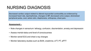 NURSING DIAGNOSIS
Assessment –
• Note changes in sensorium: lethargy, confusion, disorientation, anxiety and depression
• Assess mental status and level of consciousness
• Monitor serial ECG and chest x-ray changes
• Monitor laboratory studies such as BUN, creatinine, LFT, PT, aPTT
Decreased cardiac output related to altered myocardial contractility as evidenced by
increased heart rate, dysrhythmias, changes in BP, decreased urine output, diminished
peripheral pulse, cool, ashen skin, diaphoresis, orthopnea, chest pain.
 